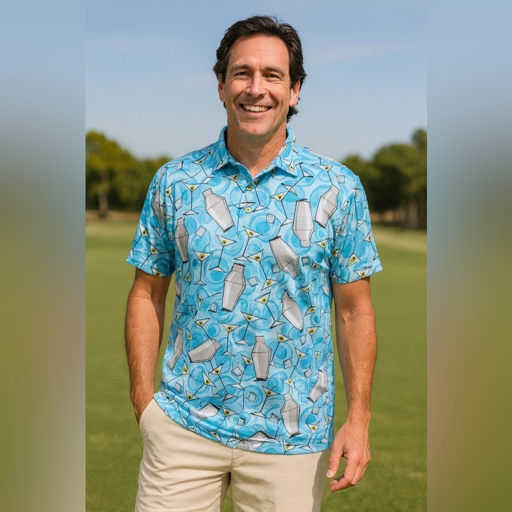 Loudmouth Partini Martini Cocktail Polo Shirt Men’s Medium Blue Golf